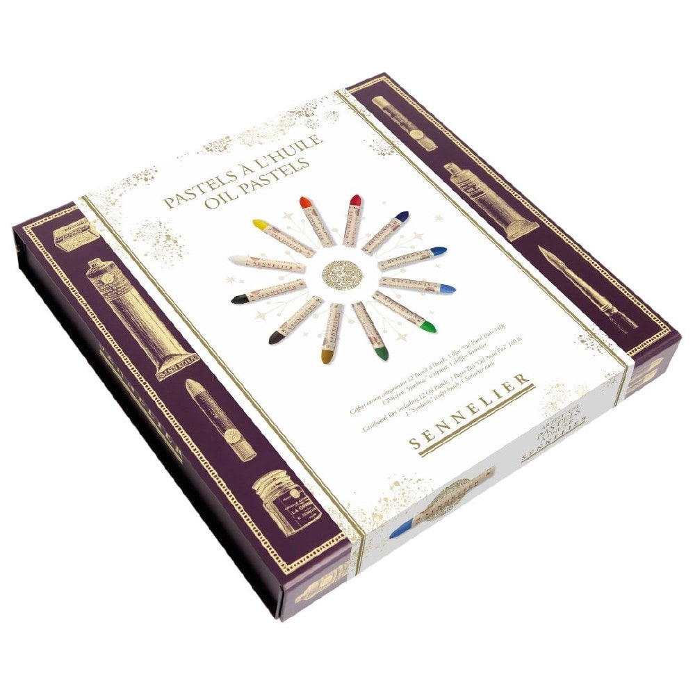 Mooie set Oliepastels met Basis kleuren (12), Papier, Rubber Penseel en doekje IN Box Sennelier