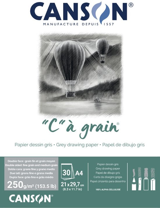 Canson C' a Grain Toned A4 250 gr. Tekenblok gelijmd 30 vel Grijs