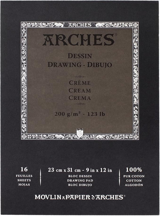 Crème 200 gr 100% Katoen (16 vel) Blok A4+ 1 zijde gelijmd Tekenpapier Arches