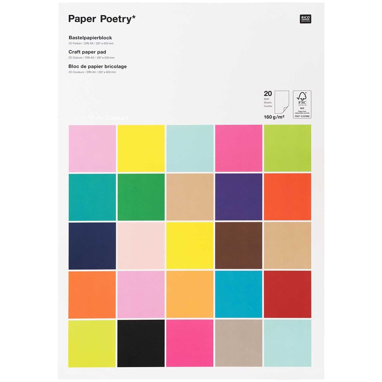 A3 Knutselpapier Blok Super Multi Colour 20 vel 160 grams Rico Design
