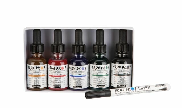 Aquadrop Set (5 x 30 ml) + Liner Aqua Drop vloeibare waterverf inkt Schmincke