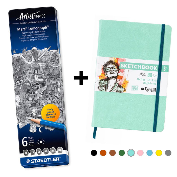 Set Potloden Staedtler Mars Lumograph x6 8B-HB met Darwi Schetsboek A5