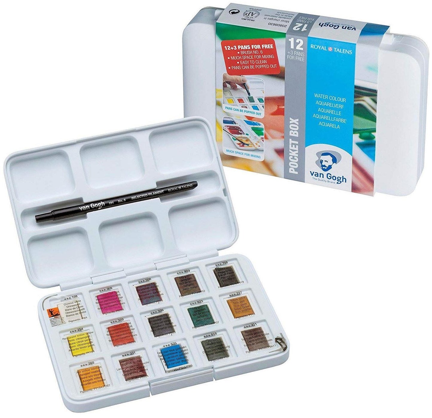 Pocketbox Basis Kleuren 12+3 Gratis Napjes Aquarel Verf Van Gogh Set