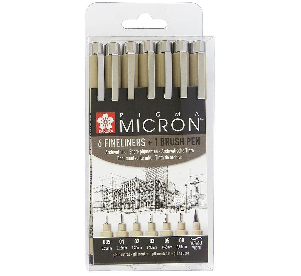 Micron 6 Fineliners + 1 brushpen set ZWART Sakura Pigma